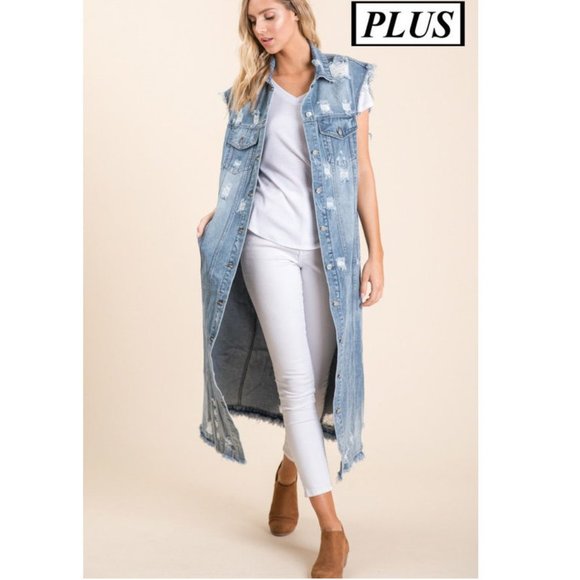 Plus Distressed Long Maxi Denim Vest Jean Jacket - Picture 4 of 7